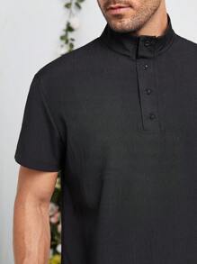 Manfinity Homme 男士素色半紐扣開襟T恤 - 黑色 - 查看 6