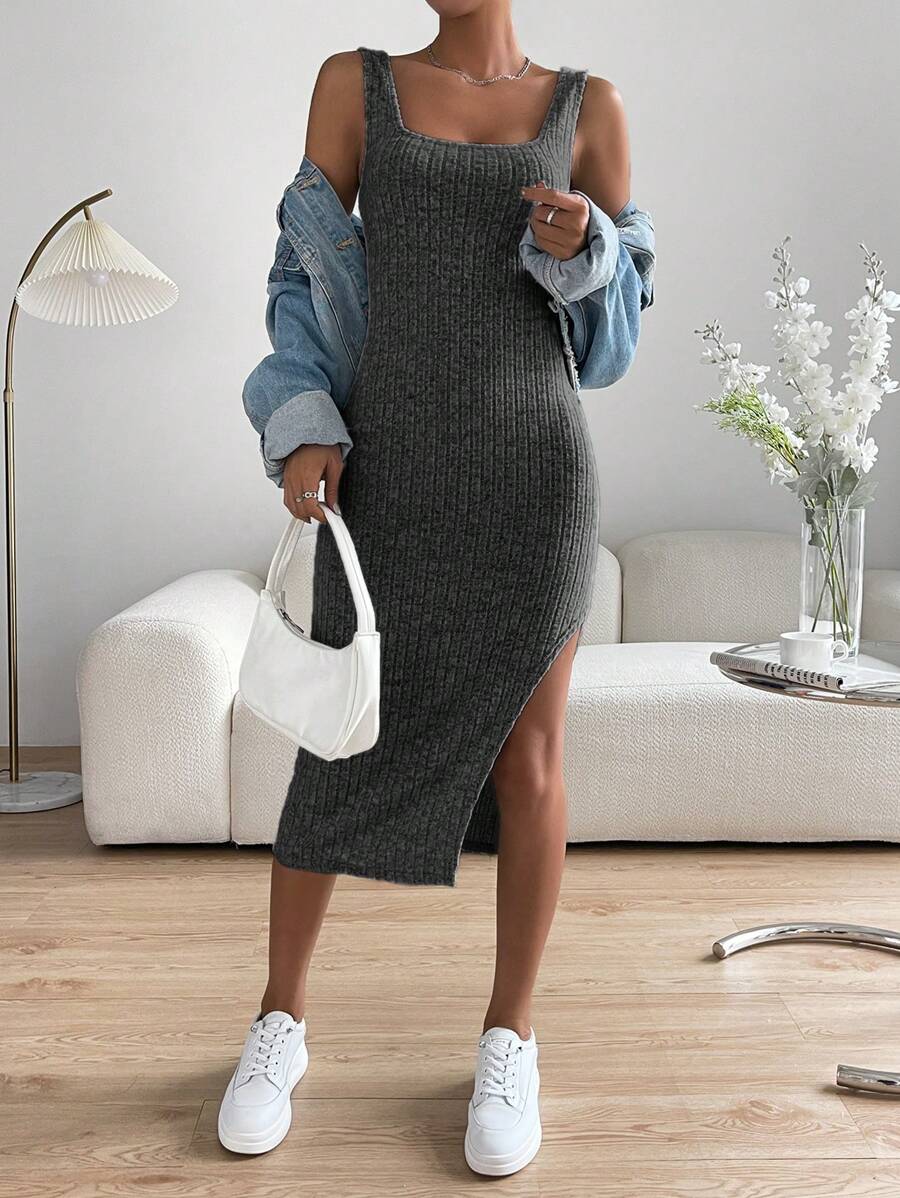 SHEIN EZwear Đầm Gân đan Tách cao màu trơn Giải trí - Màu xám đen - Xem 1