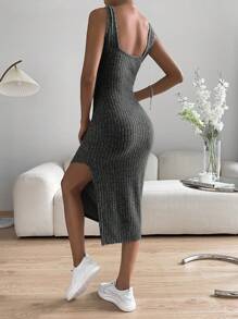 SHEIN EZwear Đầm Gân đan Tách cao màu trơn Giải trí - Màu xám đen - Xem 2