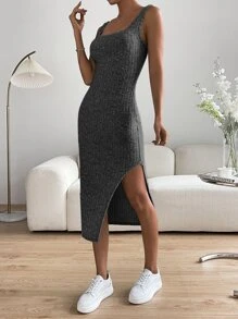 SHEIN EZwear Đầm Gân đan Tách cao màu trơn Giải trí - Màu xám đen - Xem 3