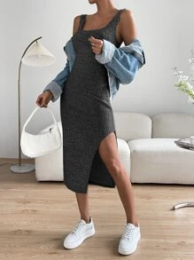 SHEIN EZwear Đầm Gân đan Tách cao màu trơn Giải trí - Màu xám đen - Xem 7