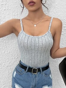 SHEIN PETITE Solid Rib-knit Cami Top - Light Grey - View 4