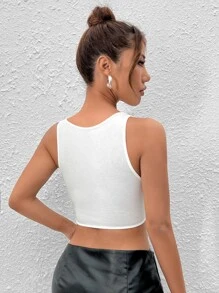 SHEIN PETITE 水鑽字母圖案流蘇下擺背心上衣 - 白色 - 查看 2