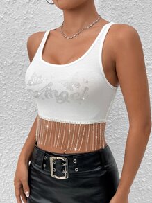 SHEIN PETITE 水鑽字母圖案流蘇下擺背心上衣 - 白色 - 查看 5