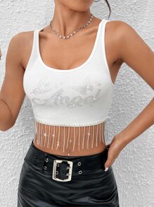 SHEIN PETITE 水鑽字母圖案流蘇下擺背心上衣 - 白色 - 查看 6