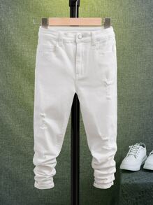 SHEIN Jeans rasgados y deshilachados para niño preadolescente - Blanco - Ver 1