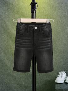 SHEIN Tween Boy Moustache Effect Roll Hem Denim Shorts