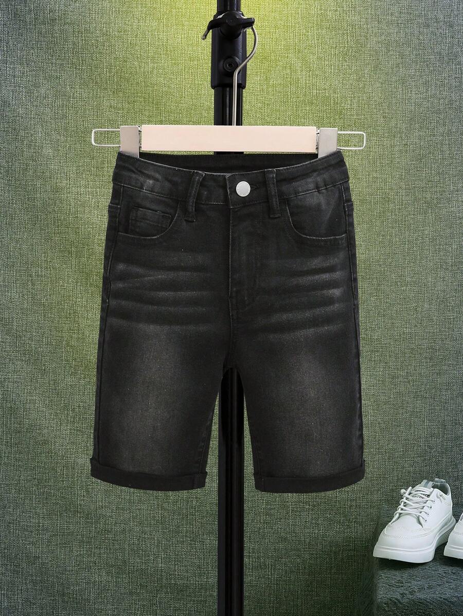 SHEIN Tween Boy Moustache Effect Roll Hem Denim Shorts