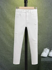 SHEIN Jeans rasgados y deshilachados para niño preadolescente - Blanco - Ver 9