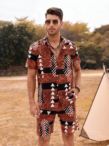 Manfinity Hombres con estampado geométrico Camisa & Shorts - Café integral - Ver 1