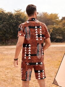 Manfinity Hombres con estampado geométrico Camisa & Shorts - Café integral - Ver 2