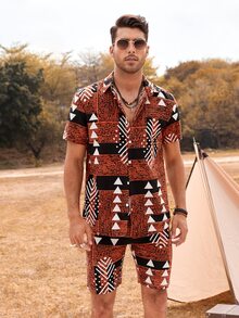 Manfinity Hombres con estampado geométrico Camisa & Shorts - Café integral - Ver 3