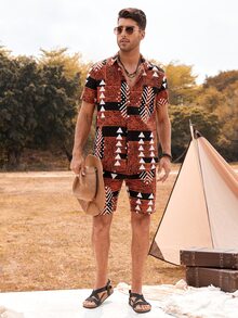 Manfinity Hombres con estampado geométrico Camisa & Shorts - Café integral - Ver 4