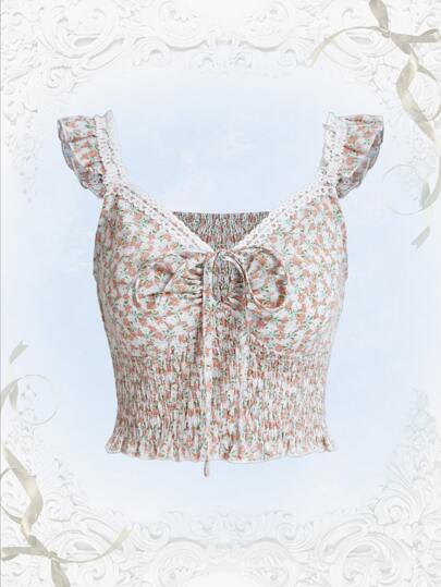 Ditsy Floral Shirred Ruffle Trim Top