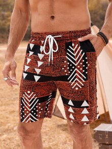 Manfinity Hombres con estampado geométrico Camisa & Shorts - Café integral - Ver 5