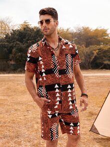 Manfinity Hombres con estampado geométrico Camisa & Shorts - Café integral - Ver 6