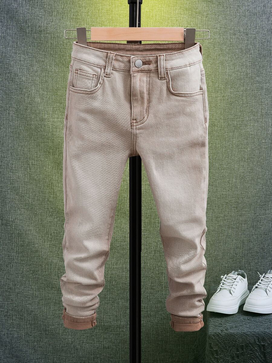 SHEIN 10-14歲男童斜口袋牛仔褲 - 卡其色 - 查看 1