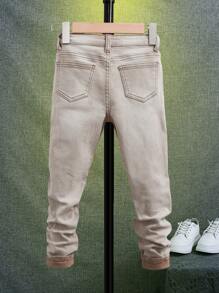 SHEIN 10-14歲男童斜口袋牛仔褲 - 卡其色 - 查看 2