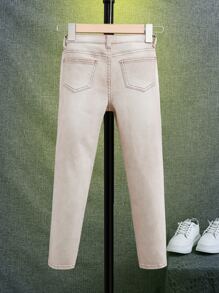 SHEIN 10-14歲男童斜口袋牛仔褲 - 卡其色 - 查看 3