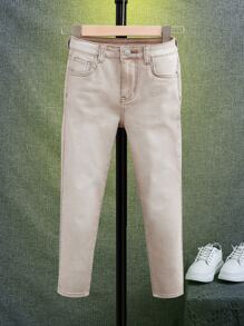 SHEIN 10-14歲男童斜口袋牛仔褲 - 卡其色 - 查看 5