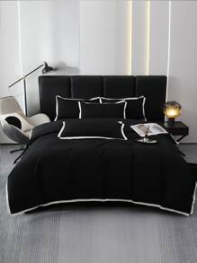 3 Cái/bộ Màu Đen Tương Phản Ràng Buộc Bộ Vỏ Chăn Không Chất Độn (1 Vỏ Chăn & 2 Vỏ Gối) Bộ Chăn Ga Gối Polyester Tối Giản Cho Gia Đình - màu đen - Xem 1
