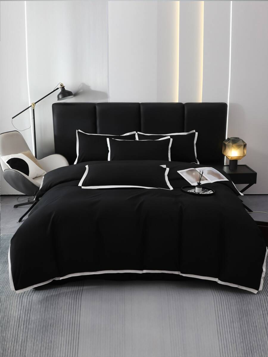 3 Cái/bộ Màu Đen Tương Phản Ràng Buộc Bộ Vỏ Chăn Không Chất Độn (1 Vỏ Chăn & 2 Vỏ Gối) Bộ Chăn Ga Gối Polyester Tối Giản Cho Gia Đình - màu đen - Xem 1