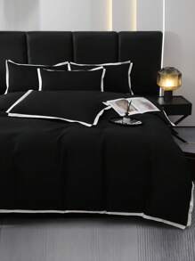 3 Cái/bộ Màu Đen Tương Phản Ràng Buộc Bộ Vỏ Chăn Không Chất Độn (1 Vỏ Chăn & 2 Vỏ Gối) Bộ Chăn Ga Gối Polyester Tối Giản Cho Gia Đình - màu đen - Xem 6