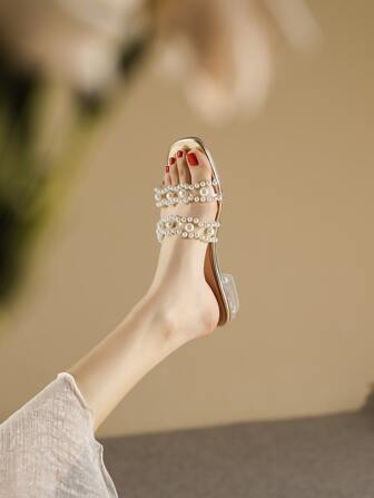 女士人造珍珠裝飾貝殼邊透明帶平底時尚涼拖適合夏天