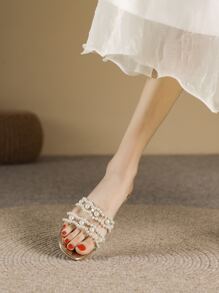 Mujer Sandalias con diseño de perla artificial ribete en abanico con tira transparente plano de moda para verano