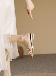Mujer Sandalias con diseño de perla artificial ribete en abanico con tira transparente plano de moda para verano