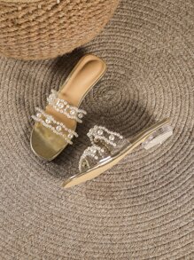 Mujer Sandalias con diseño de perla artificial ribete en abanico con tira transparente plano de moda para verano