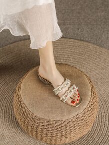 Mujer Sandalias con diseño de perla artificial ribete en abanico con tira transparente plano de moda para verano