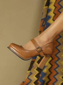 女士搭扣裝飾方頭防水台粗跟優雅瑪麗珍淺口皮鞋適用於戶外 - 駝色 - 查看 4