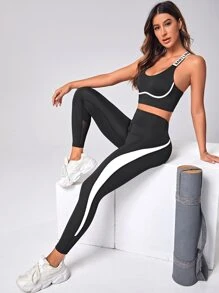 Easithlete 网眼拼接撞色侧缝宽带腰运动紧身裤女款瑜伽裤 - 黑與白 - 查看 6