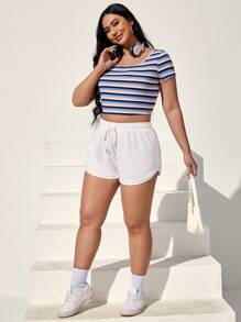 SHEIN EZwear Plus Drawstring Waist Solid Shorts - White - View 4