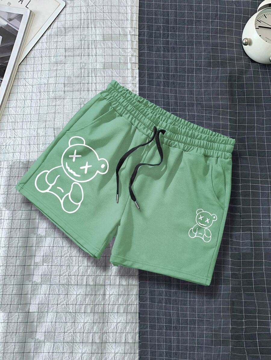 Manfinity Roghcode 男士小熊印花腰部抽繩短褲 - 薄荷綠 - 查看 1