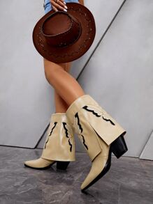 Styleloop 蝴蝶刺繡細節粗跟西部牛仔靴 - 米色 - 查看 6