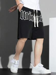 Manfinity EMRG Men's Loose-Fit Letter Graphic Shorts With Drawstring Waist - Black - View 1