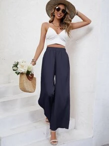 SHEIN Frenchy Solid Wide Leg Pants Winter - Navy Blue - View 1
