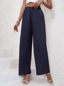 SHEIN Frenchy Solid Wide Leg Pants Winter - Navy Blue - View 3