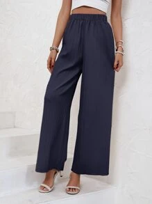 SHEIN Frenchy Solid Wide Leg Pants Winter - Navy Blue - View 5