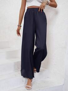 SHEIN Frenchy Solid Wide Leg Pants Winter - Navy Blue - View 6
