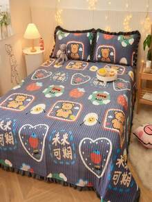1pc Cartoon Bear & Heart Pattern Bedspread, Cartoon Animal Pattern Quilted Detail Quilt For Bedroom - Multicolor - View 1