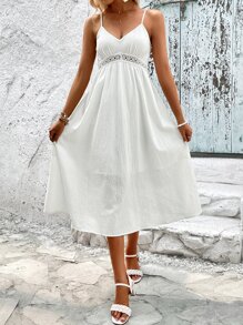 SHEIN VCAY Guipure Lace Insert Cami Dress - White - View 6