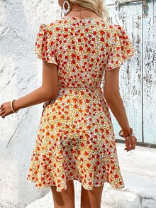 SHEIN VCAY Allover Floral Print Butterfly Sleeve Ruffle Trim Wrap Knot Side Dress - Multicolor - View 2
