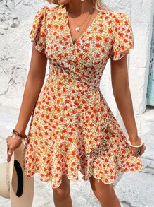 SHEIN VCAY Allover Floral Print Butterfly Sleeve Ruffle Trim Wrap Knot Side Dress - Multicolor - View 3
