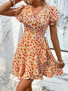 SHEIN VCAY Allover Floral Print Butterfly Sleeve Ruffle Trim Wrap Knot Side Dress - Multicolor - View 4