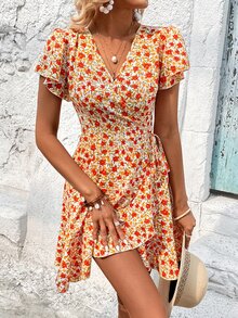 SHEIN VCAY Allover Floral Print Butterfly Sleeve Ruffle Trim Wrap Knot Side Dress - Multicolor - View 5