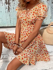 SHEIN VCAY Allover Floral Print Butterfly Sleeve Ruffle Trim Wrap Knot Side Dress - Multicolor - View 7