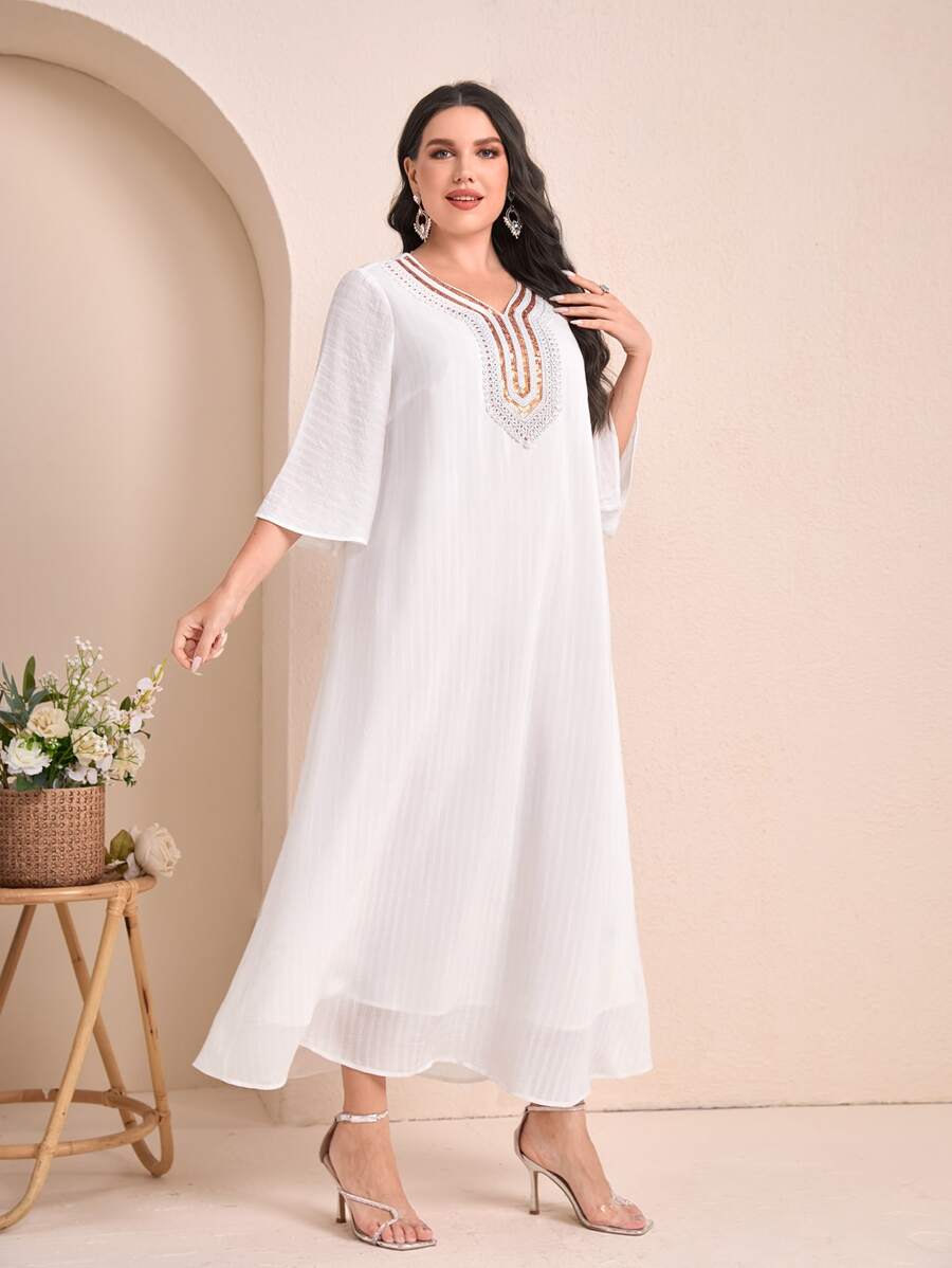 Mulvari Plus Contrast Tape V Neck Dress - White - View 1